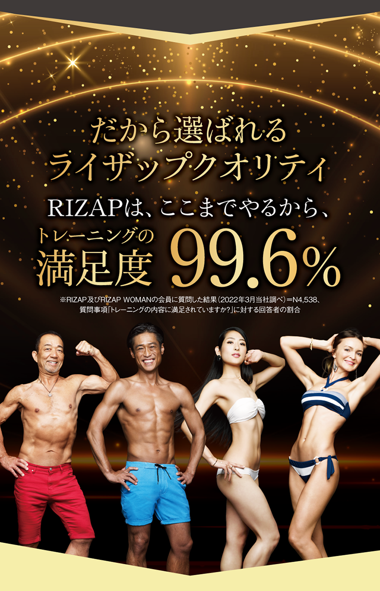 だから選ばれるライザップクオリティRIZAPは、ここまでやるから、トレーニングの満足度99.5%